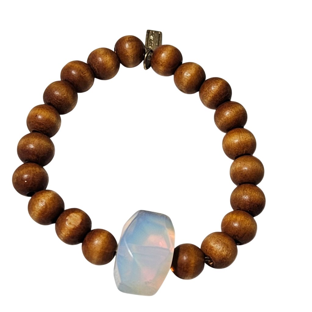 Boho Wood Bead Bracelet Opalite Gemstone Accent Gold Tone Canvas Tag Jewelry